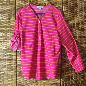 EUC Calvin Klein, orange hot pink stripe zipper blouse L
